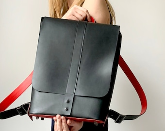 Black leather backpack purse Leather rucksack women Large leather backpack Monogrammed laptop bag