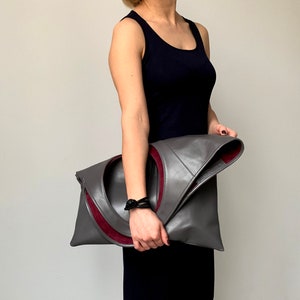 Soft leather hobo handbags Foldover clutch Leather slouchy tote bag Asymmetrical purse Medium leather handbag for women