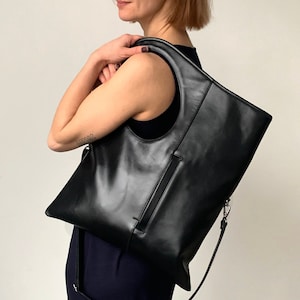 Black leather hobo bag Asymmetrical handbags for women Designer shoulder bag Unique purses by Olena Molchanova