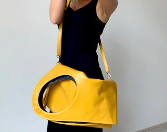 Yellow leather crossbody bag Large leather shoulder bag Foldover mustard purse Oversize hobo bag Handmade handbag by Olena Molchanova