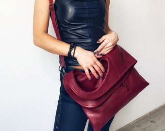 Soft leather crossbody bag Burgundy leather purse Lambskin leather handbags for women Medium tote Flap bag Foldover purse