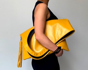 Yellow leather clutch Extra large leather bag with tassel Oversized hobo  bag Unique handbag Fold over purse