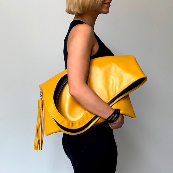 Yellow leather clutch Extra large leather bag with tassel Oversized hobo bag Unique handbag Fold over purse