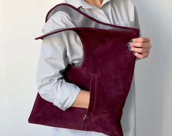 Suede leather purse Burgundy leather hobo bag Medium handbags for women Unique shoulder bag Armhole tote bag Suede shopper