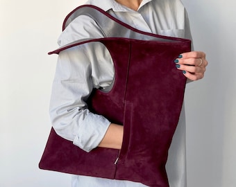 Suede leather purse Burgundy leather hobo bag Medium handbags for women Unique shoulder bag Armhole tote bag Suede shopper