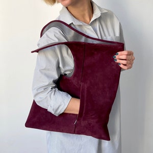 Wildleder Geldbeutel Burgund Leder Hobo Bag Mittlere Handtaschen für Frauen Einzigartige Schultertasche Armloch Einkaufstasche Suede Shopper