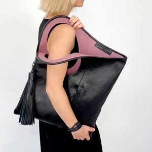 Black and pink leather slouchy hobo bag Large handmade asymmetrical purse  laptop suitable