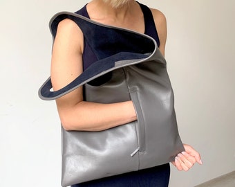 Grey leather hobo purse Designer bag Minimalist handbag Handmade leather purse Genuine leather hobo bag for women