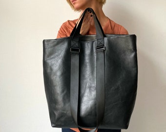 Large black leather tote Unique shoulder bag Leather shopper bag for women Minimalist handbag