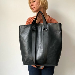 Large black leather tote Leather shopper bag for women Minimalist handbag Unique shoulder bag Soft leather handbags Genuine leather purse