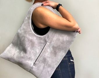 Grey suede bag Modern purse Medium hobo bag with pockets shopper shoulder bag Handmade handbags for women