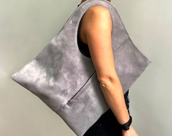 Large shoulder handbag Women handmade leather tote Grey suede hobo bag Unique designer purse