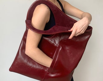 Burgundy leather hobo bag Ladies large shoulder purse Asymmetrical armhole handle tote with pocket