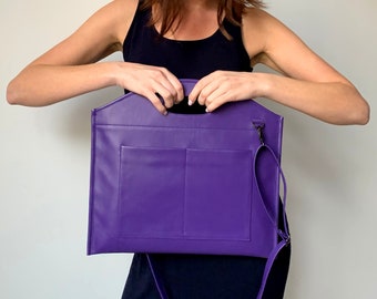 Large laptop tote Computer bag for women Minimalist laptop bag Purple leather purse Ladies laptop bag