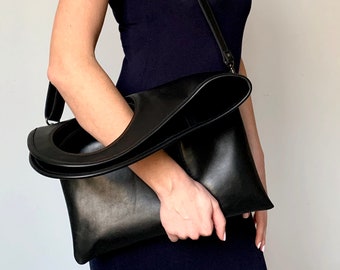 Minimalist handbag Black hobo bag Crossbody purse Genuine leather clutch bag