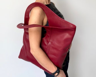 Red leather bag. Large leather purse. Extra large tote bag for women. Genuine leather handbags. Handmade crossbody purse.