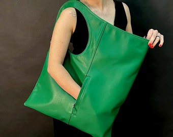 Oversized hobo bag Emerald green leather bag with black interior and tassel Handmade shoulder bag Genuine leather slouchy bag