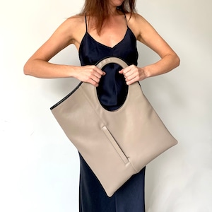 Beige leather tote bag for women Large leather handbag Asymmetrical purse Unique shoulder bag Soft leather shopper Taupe leather hobo bag