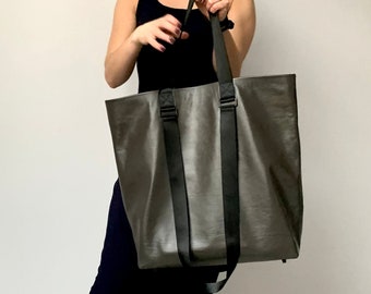 Shopper leather bag Oversized leather tote bag for women Grey leather handbags