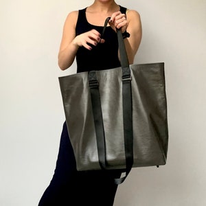 Oversized Grey Leather Tote Bag: Handmade Shopper Bag