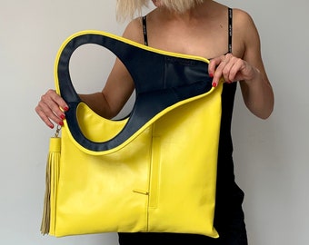 Yellow leather handbag Unique shoulder bag Genuine leather tote purse Slouchy bag for women