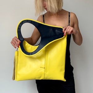 Yellow leather handbag Unique shoulder bag Genuine leather tote Large yellow purse Slouchy bag for women Armhole handbag with tassel