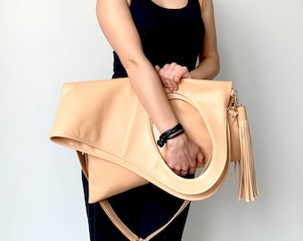 Oversize leather handbag Light pink leather bag Large slouchy bag Fold over clutch purse Genuine leather shoulder bag