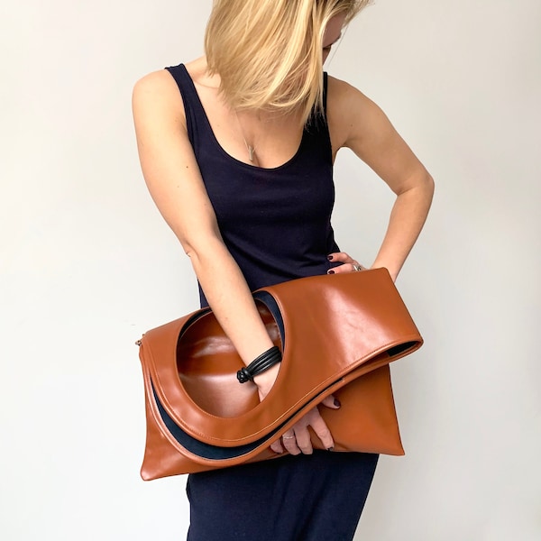 Oversized clutch bag Soft leather handbags for women Cognac leather wrist bag Genuine leather purse Unique leather bag