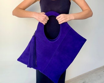Royal Blue Suede Hobo Bag: Large Leather Tote Purse