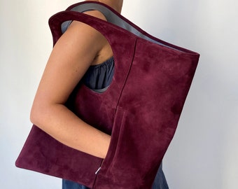 Burgundy leather purse Suede leather bag Unique shoulder bag for women Red maroon leather hobo bag Luxury tote bag by Olena Molchanova