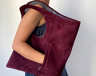 Burgundy leather purse Suede leather bag Unique shoulder bag for women Red maroon hobo bag Luxury tote bag Medium handbag with pocket