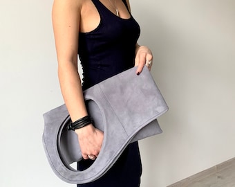 Oversized clutch bag Grey suede purse Soft leather handbags for women Genuine leather hobo bag Unique shopper