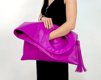 Pink leather bag Underarm purse Flap bag Oversized clutch purse Designer handbags for women Large hobo bag Bright magenta leather purse
