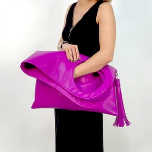 Bolso de piel rosa Bolso bajo el brazo Bolso con solapa Bolso de mano extragrande Bolsos de diseño para mujer Bolso hobo grande Monedero de piel color magenta brillante