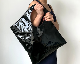 ブラックパテントレザーバッグ：女性用イブニングバッグ、アシンメトリートート、レディースレザーハンドバッグ