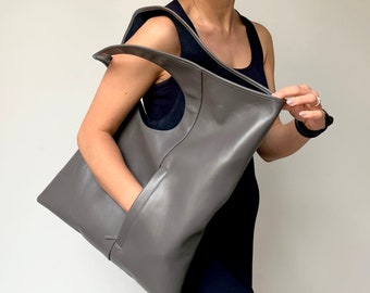 Grey leather shoulder bag Large hobo bag Slouchy handbag for women Unique shopper Asymmetrical tote bag Handmade leather bag