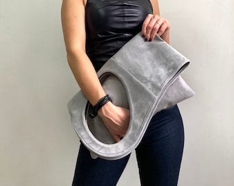 Large slouchy bag Grey suede purse Oversized clutch for women Luxury leather bag Envelope clutch purse Custom handbag Ladies clutch bag