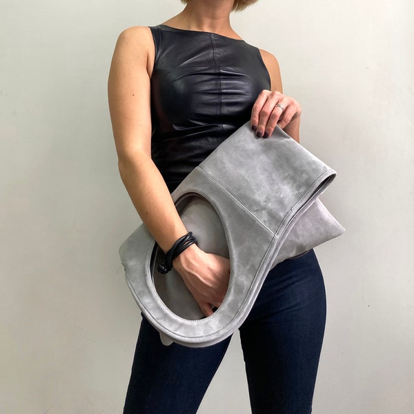 Large slouchy bag Grey suede purse Oversized clutch for women Luxury leather bag Envelope clutch purse Custom handbag