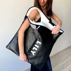 Oversized leather shoulder hobo  bag Women's unique personalised tote purse Black and white handbag