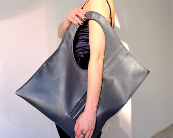 Oversized hobo bag Grey leather tote Large shoulder purse for women Minimalist handbag