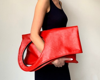 Oversized shopper Fold over clutch bag Unique shoulder bag Red leather purse Ladies handbags Genuine leather bags for women