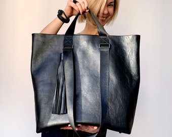 Black leather shopper Oversized leather tote bag Personalized purse for women Handmade leather bag