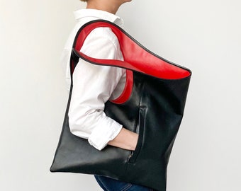 Leather hobo bag Large leather tote Oversized black and red Designer handbag for women