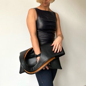 Oversized clutch purse Black leather handbags for women Fold over leather bag Handmade clutch bag Unique hobo bag
