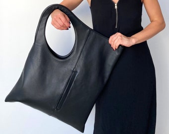 Extra large leather tote bag Oversized handbags Black leather hobo purse for women Custom shoulder bag