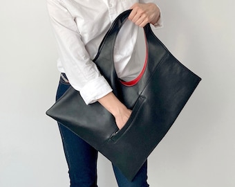 Black Leather Hobo Bag: Handmade Asymmetrical Shoulder Tote