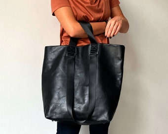 Bolso tote de cuero negro: bolso shopper grande hecho a mano