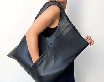Extra large black leather shoulder bag Armhole handle handbag Women slouchy hobo shopper purse