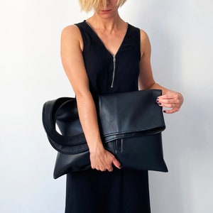 Pochette en cuir surdimensionnée Sac rabattable Sac à main en cuir noir Sacs à main faits main pour femme Cabas extra large Cabas en cuir véritable Sac unique
