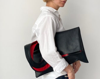 Large clutch bag Black and red purse Fold over handbag Oversized leather hobo bag for women Unique leather clutch purse Modern bag